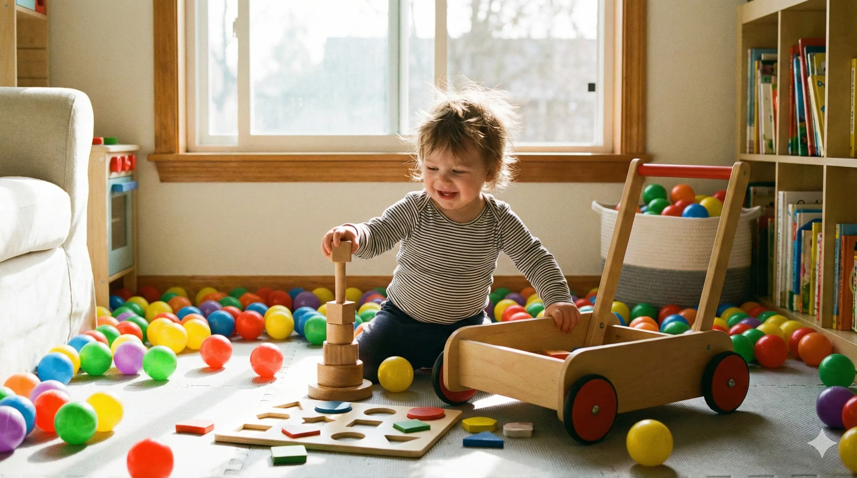 Child playing with colorful blocks and ride-on toys