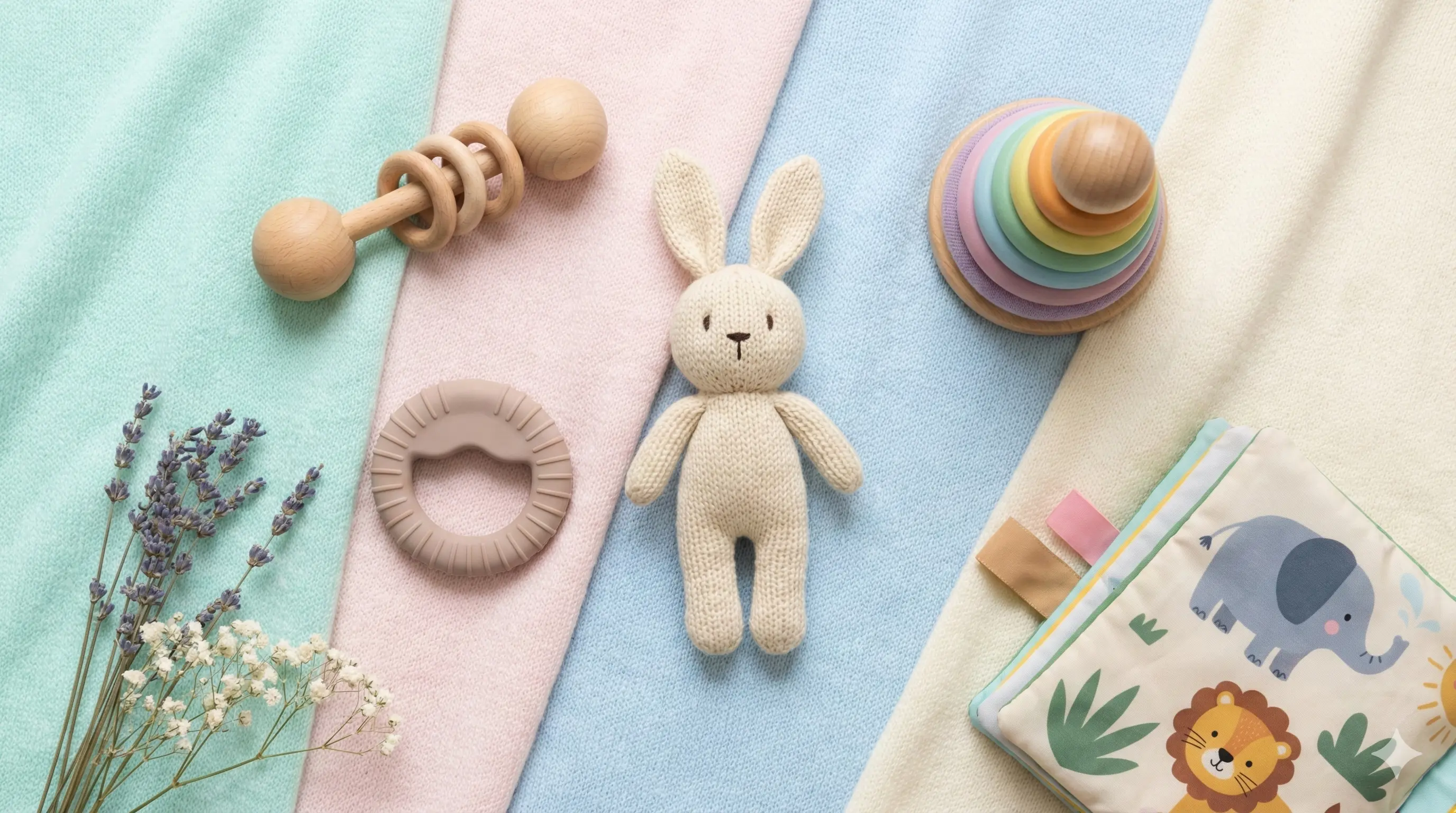 Colorful baby toys and rattles