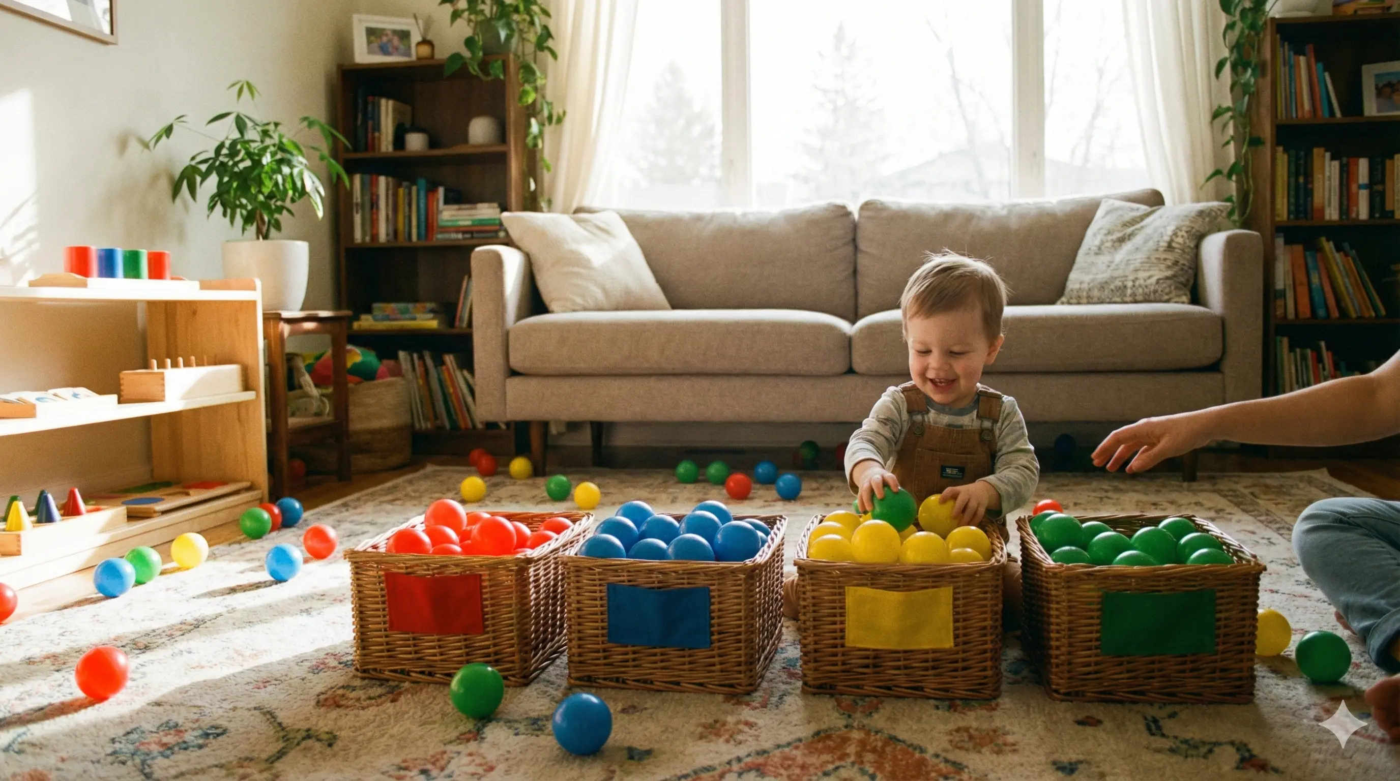 Children doing activities with ball pit balls at home
