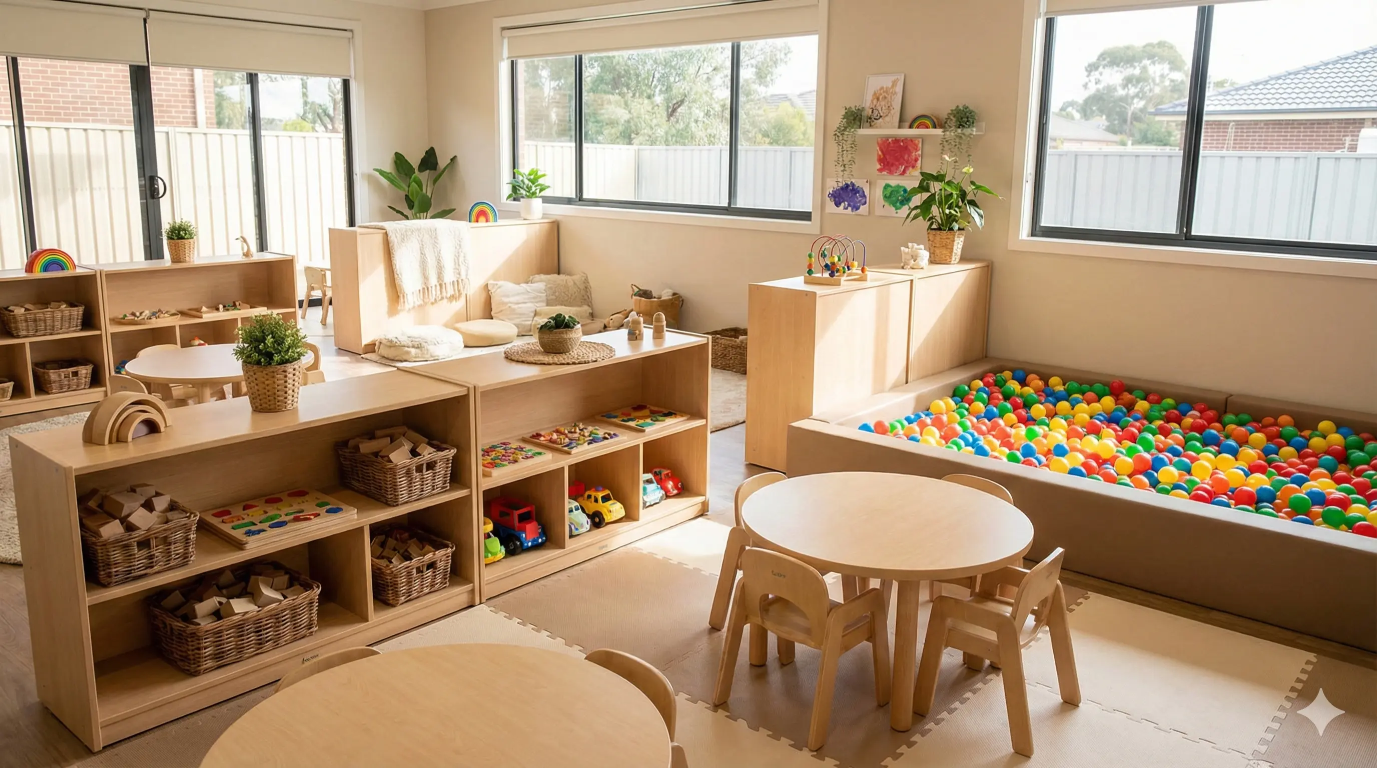 Children playing with colorful toys in a daycare classroom