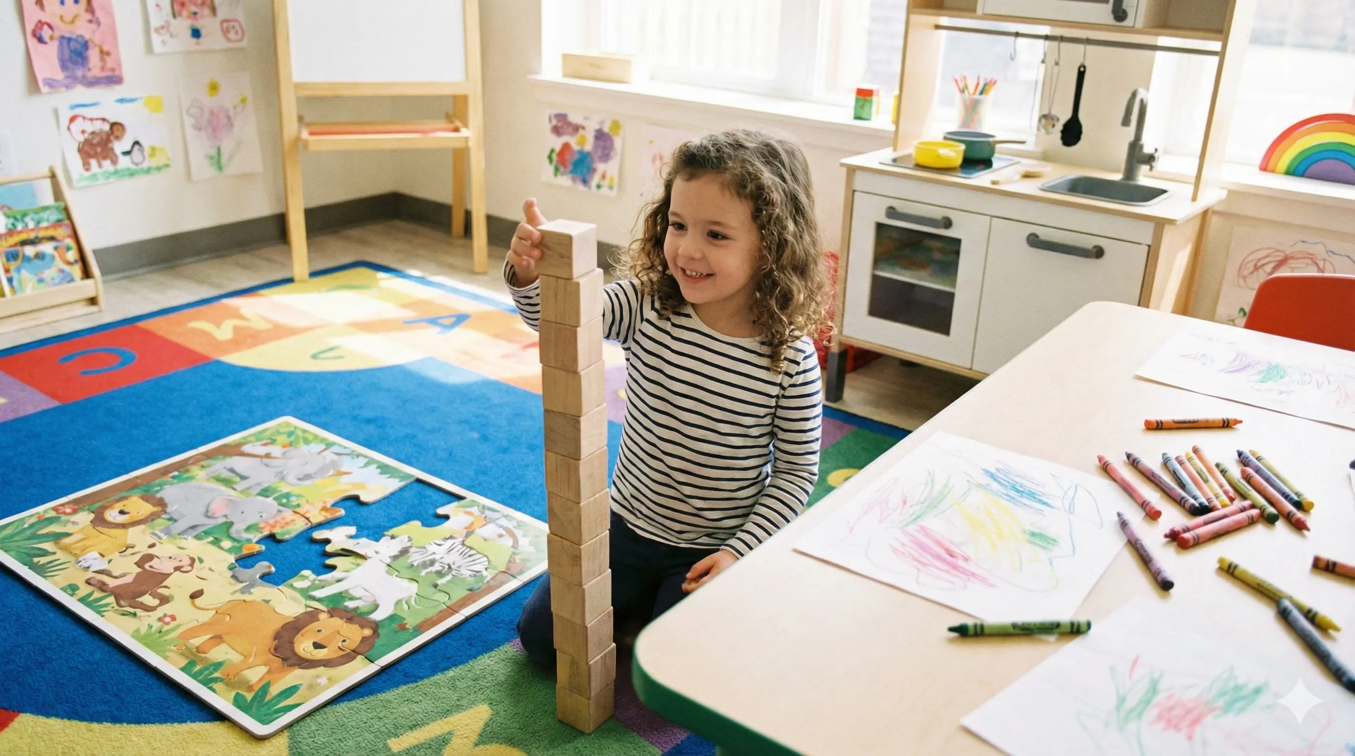 Children playing house with colorful toy kitchen set